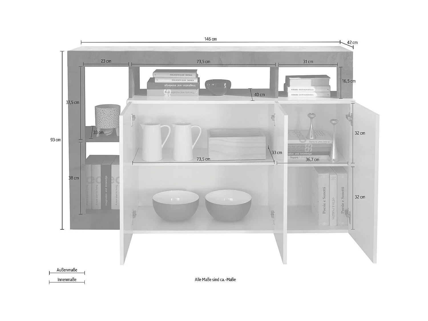 Madia design moderno con tre ante e ripiano da soggiorno 146x93 ML18 bianco e pero