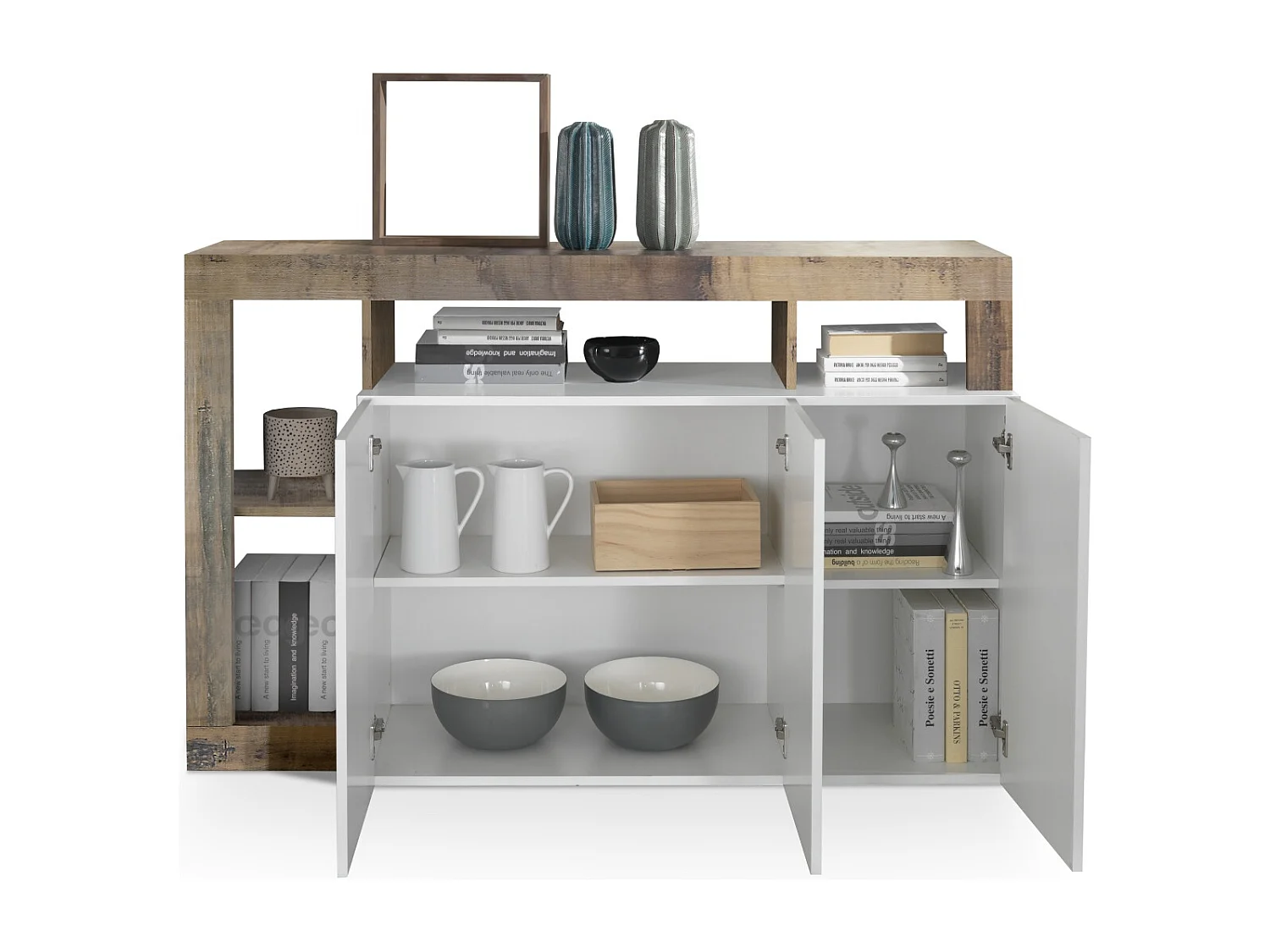 Madia design moderno con tre ante e ripiano da soggiorno 146x93 ML18 bianco e pero