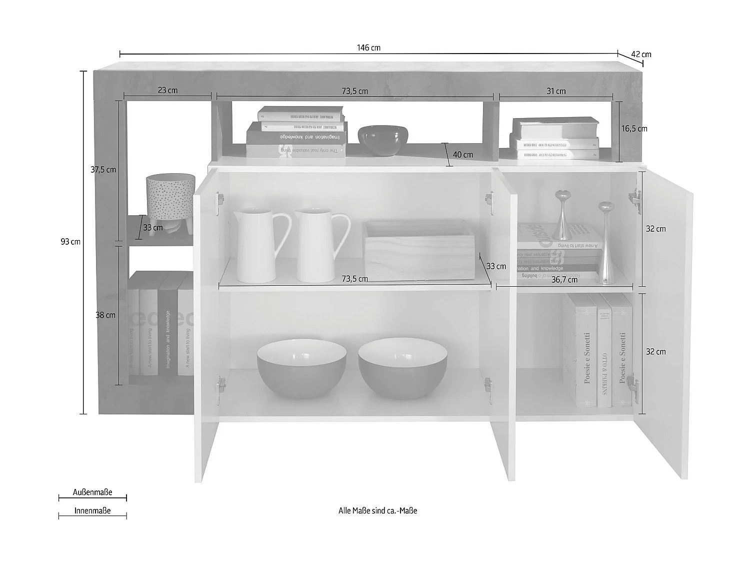 Madia design moderno con tre ante e ripiano da soggiorno 146x93 ML18 bianco e pero