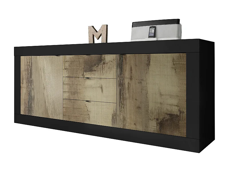 Madia moderna con tre cassetti e due ante per soggiorno design effetto legno 210x86 ML5 nero e pero