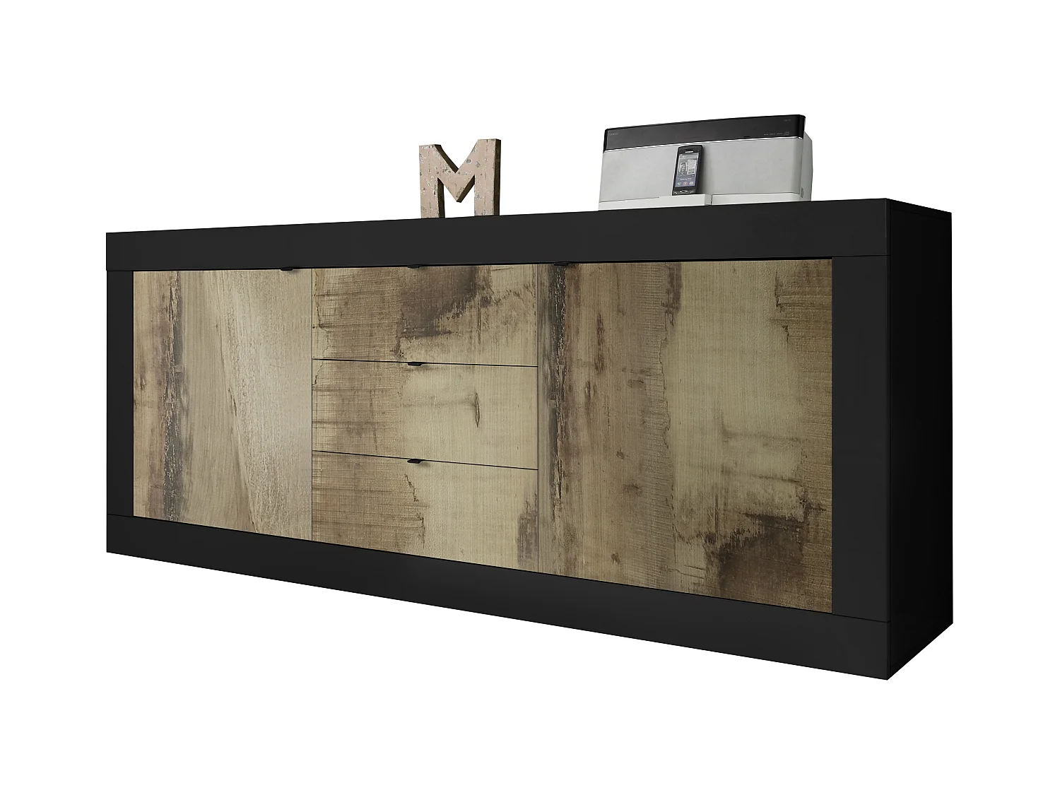 Madia moderna con tre cassetti e due ante per soggiorno design effetto legno 210x86 ML5 nero e pero