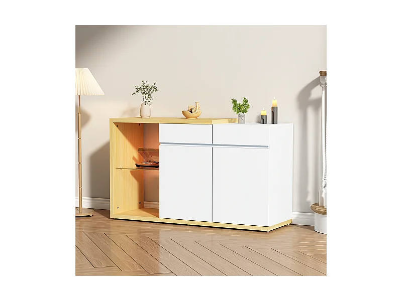 Buffet avec 2 portes, 2 tiroirs et 1 étagère en verre, LED inclus, blanc et chêne