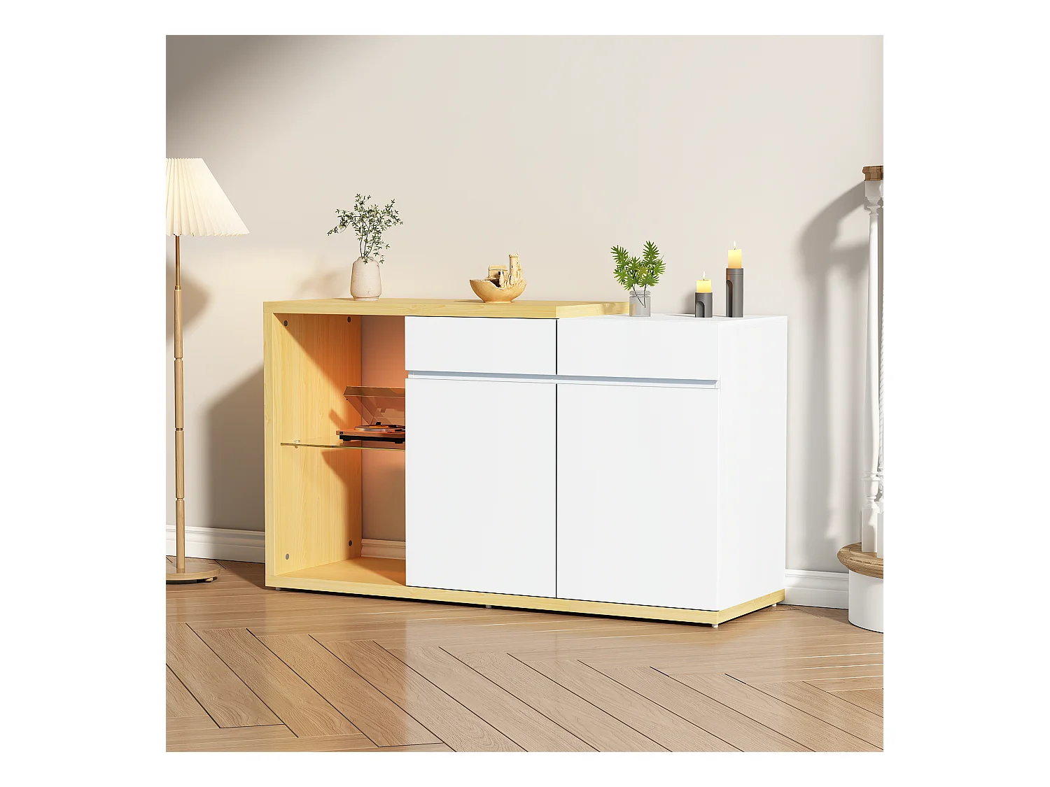 Buffet avec 2 portes, 2 tiroirs et 1 étagère en verre, LED inclus, blanc et chêne