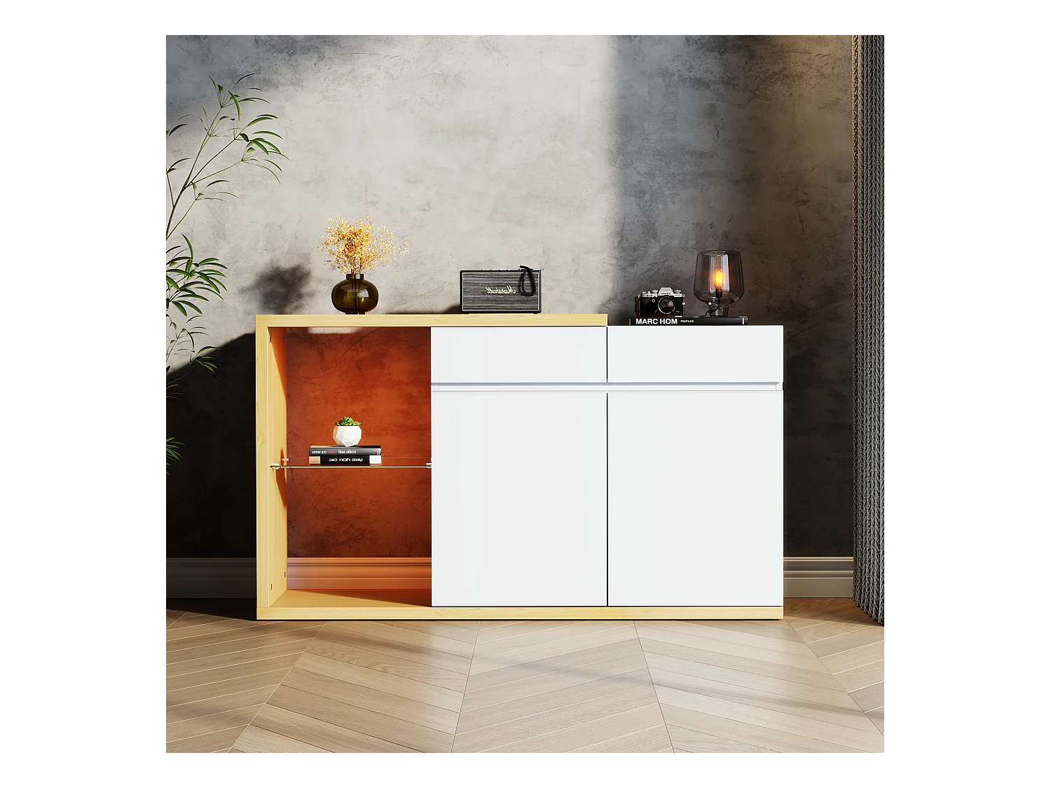 Buffet avec 2 portes, 2 tiroirs et 1 étagère en verre, LED inclus, blanc et chêne