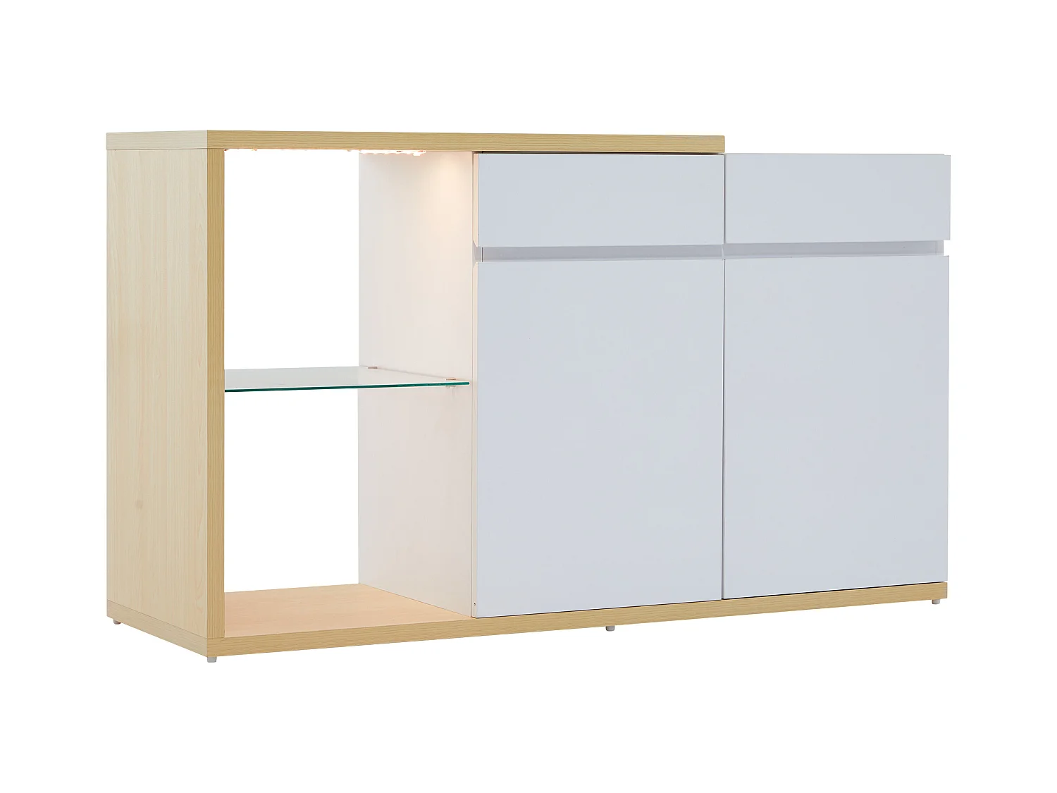 Buffet avec 2 portes, 2 tiroirs et 1 étagère en verre, LED inclus, blanc et chêne