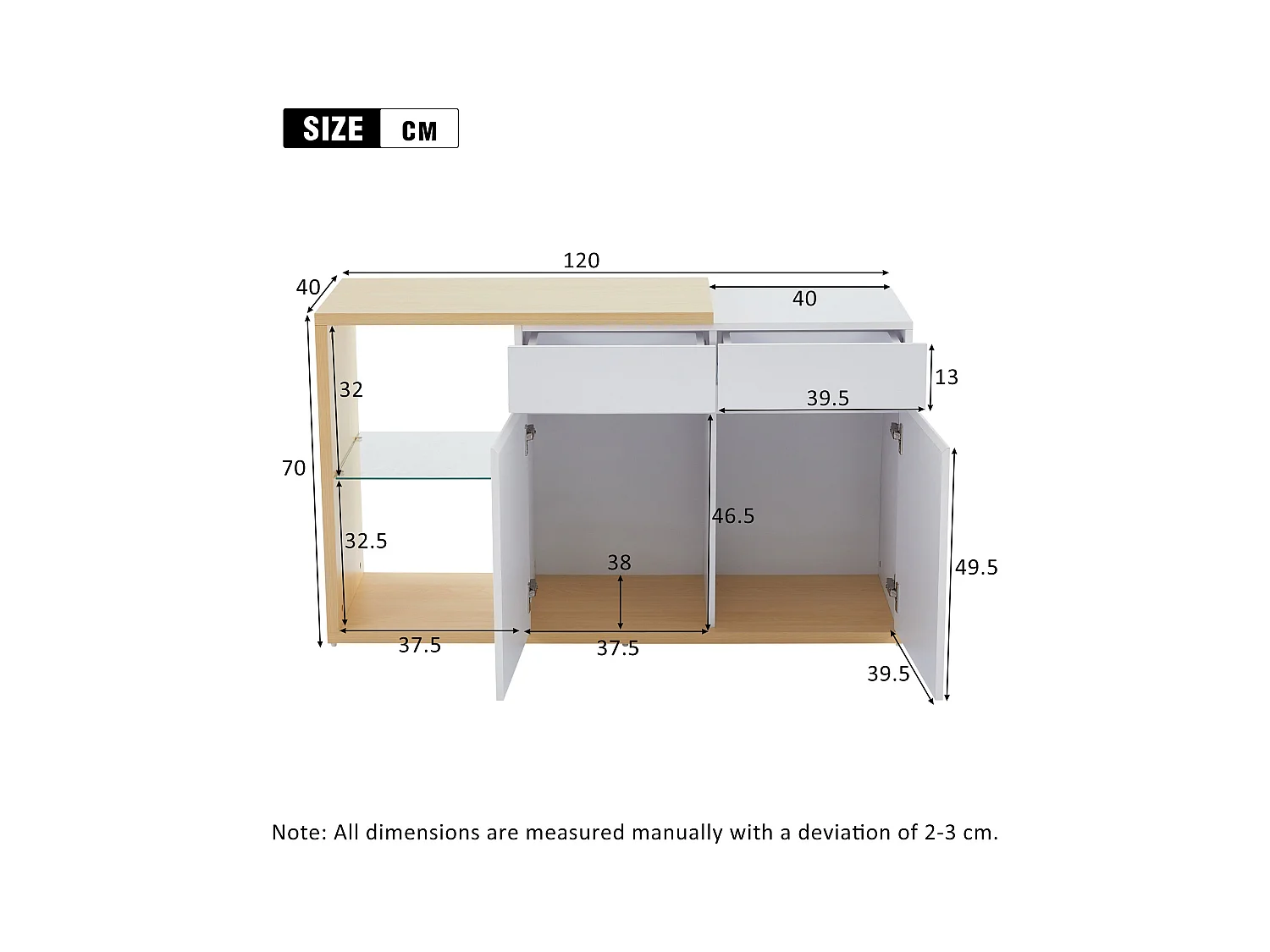 Buffet avec 2 portes, 2 tiroirs et 1 étagère en verre, LED inclus, blanc et chêne