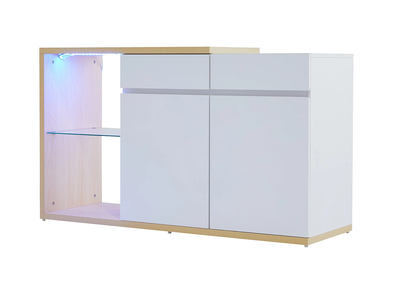 Buffet avec 2 portes, 2 tiroirs et 1 étagère en verre, LED inclus, blanc et chêne