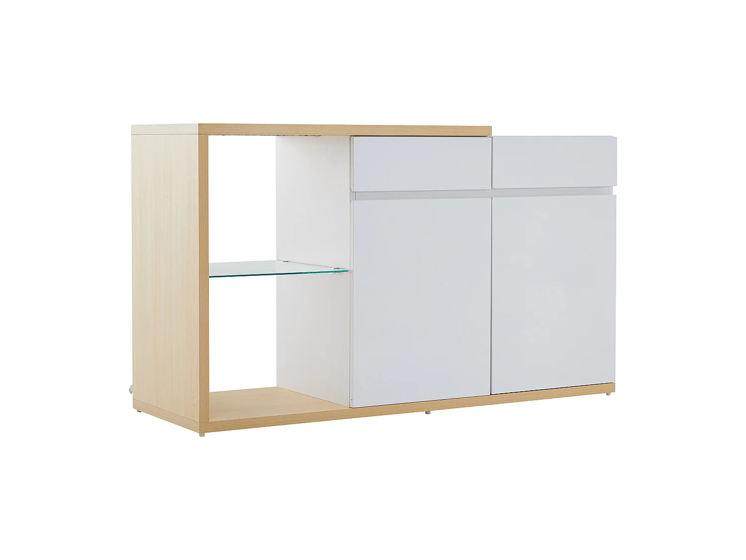 Buffet avec 2 portes, 2 tiroirs et 1 étagère en verre, LED inclus, blanc et chêne