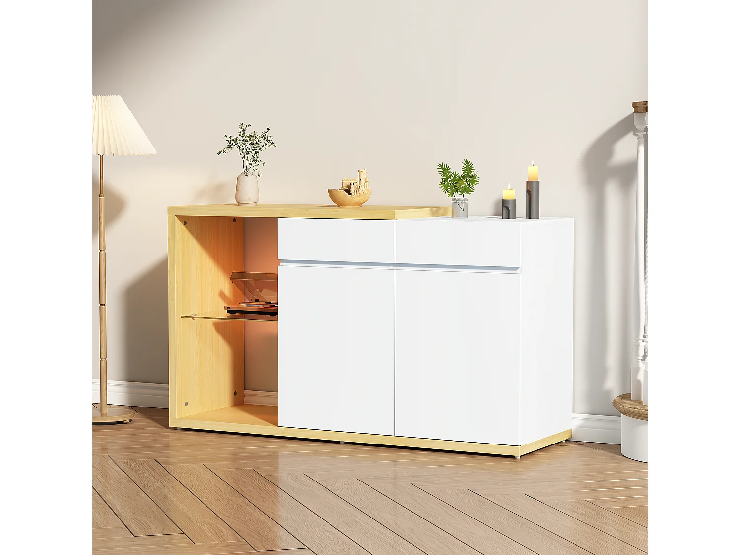 Buffet avec 2 portes, 2 tiroirs et 1 étagère en verre, LED inclus, blanc et chêne