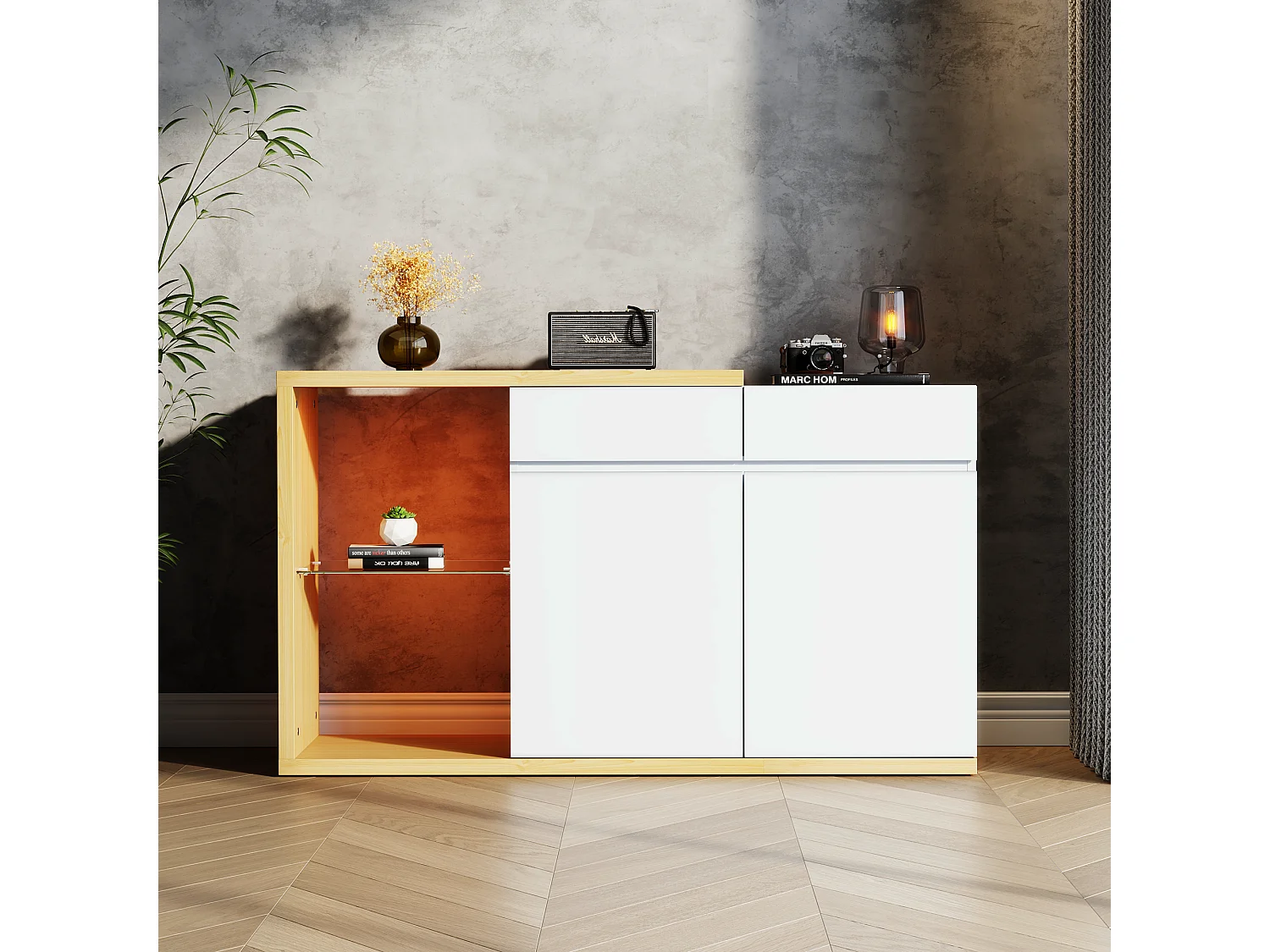 Buffet avec 2 portes, 2 tiroirs et 1 étagère en verre, LED inclus, blanc et chêne