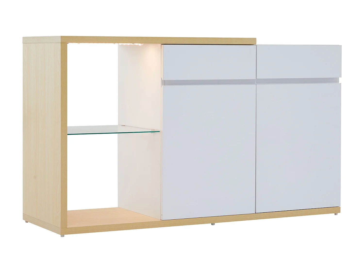 Buffet avec 2 portes, 2 tiroirs et 1 étagère en verre, LED inclus, blanc et chêne
