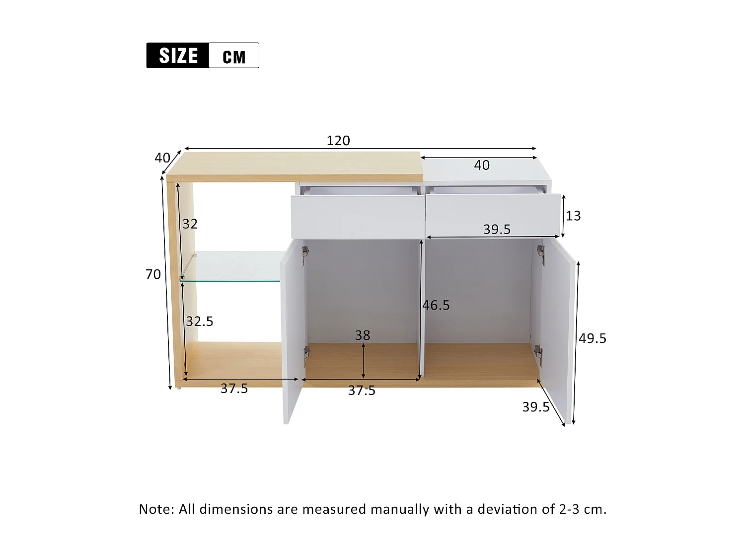 Buffet avec 2 portes, 2 tiroirs et 1 étagère en verre, LED inclus, blanc et chêne