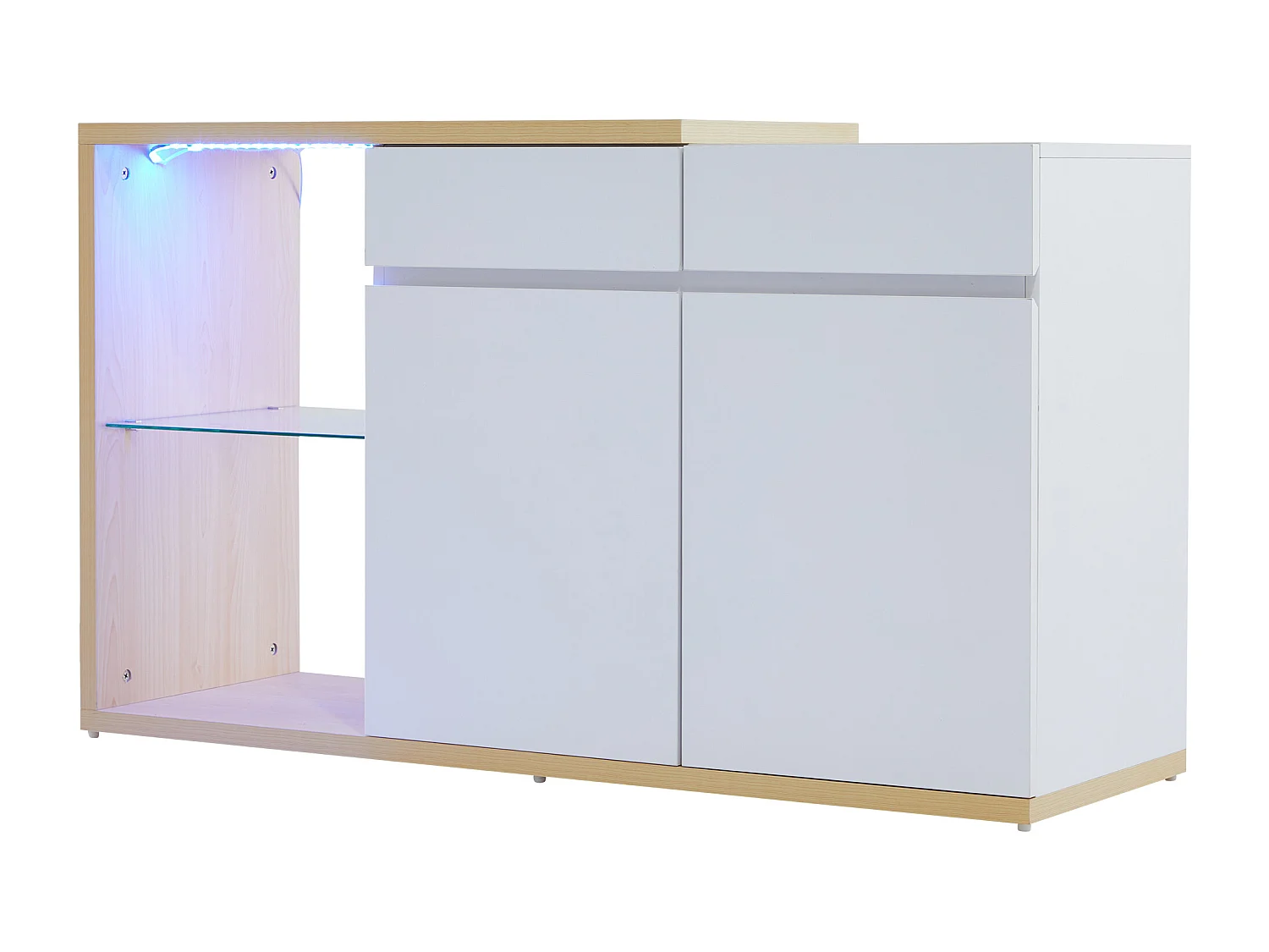 Buffet avec 2 portes, 2 tiroirs et 1 étagère en verre, LED inclus, blanc et chêne