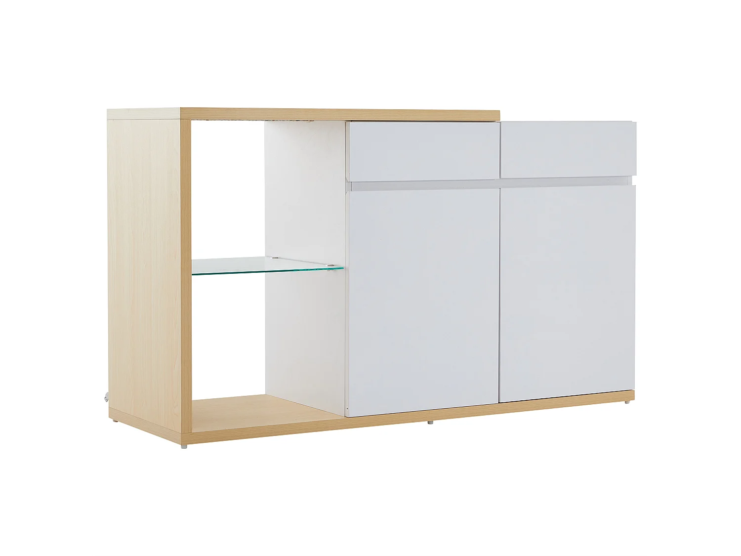 Buffet avec 2 portes, 2 tiroirs et 1 étagère en verre, LED inclus, blanc et chêne