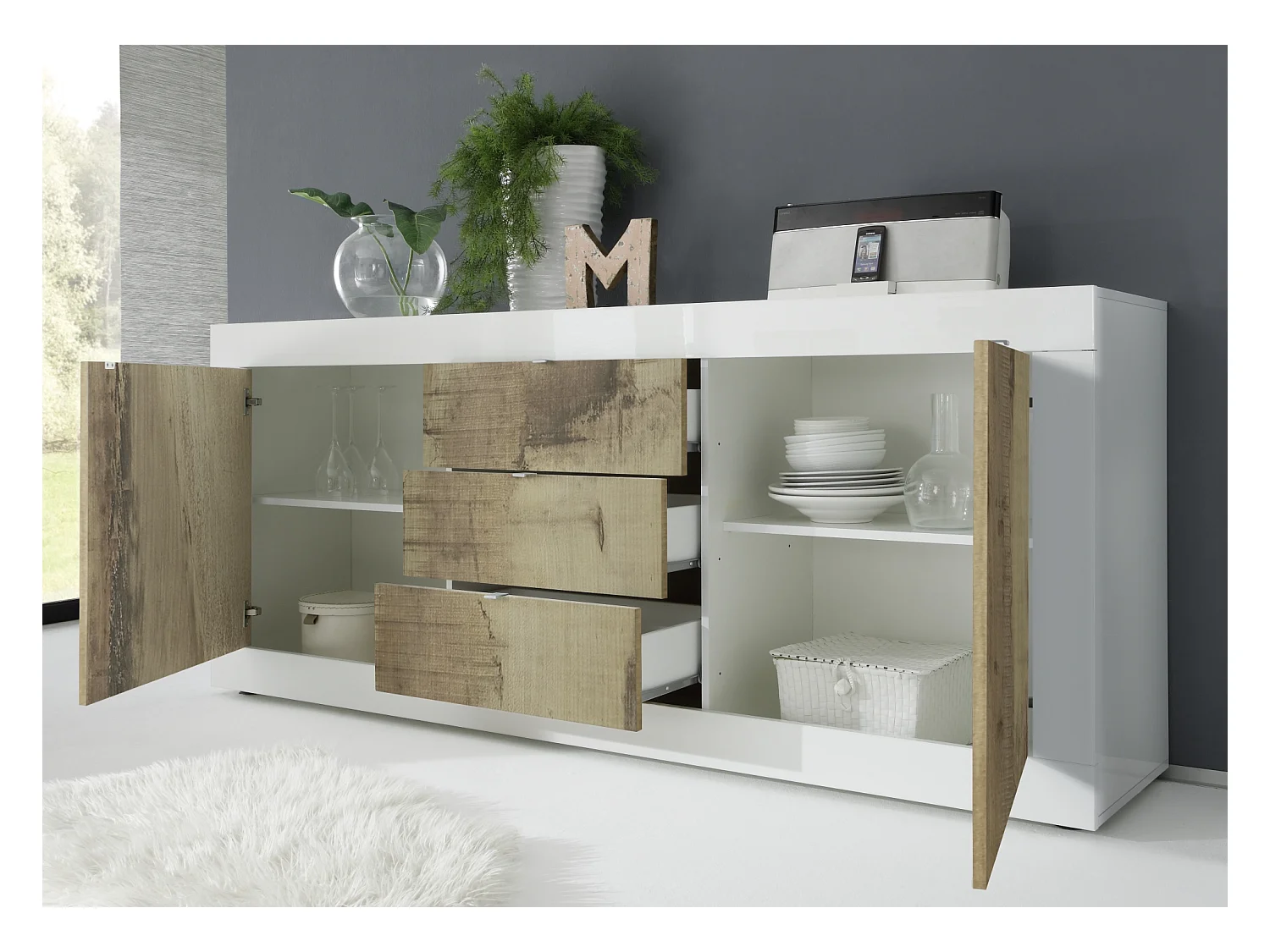 Madia moderna con tre cassetti e due ante per soggiorno design effetto legno 210x86 ML5 bianco e pero