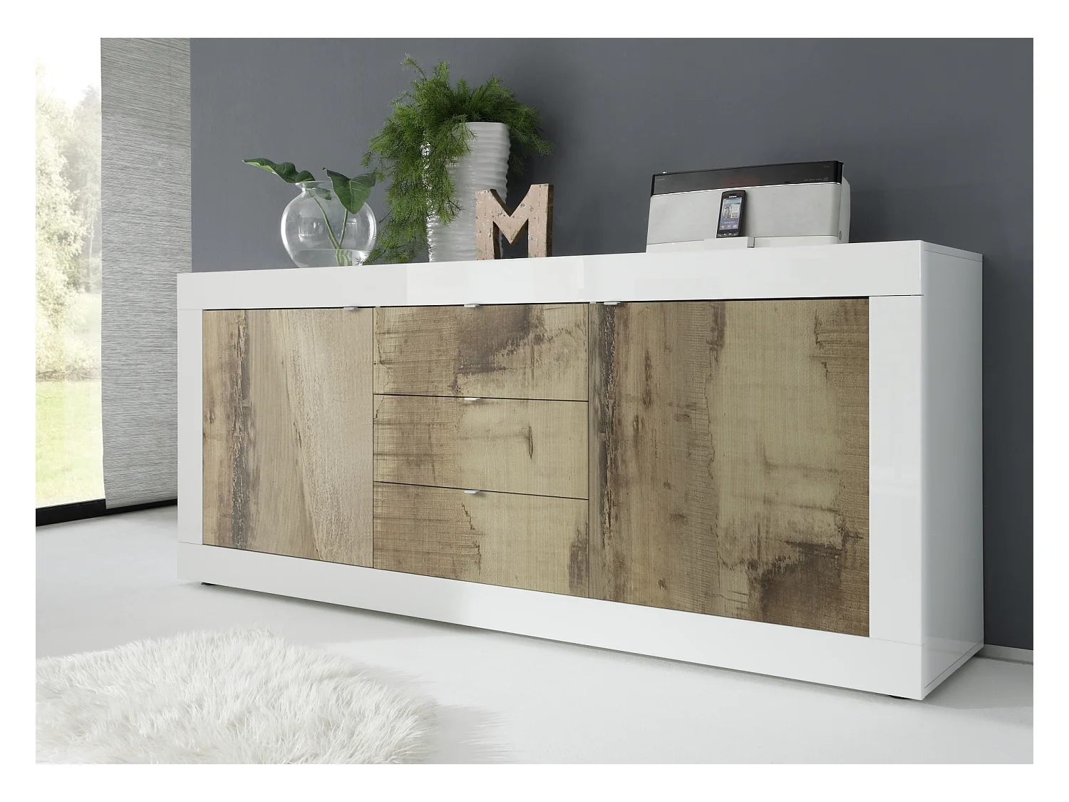 Madia moderna con tre cassetti e due ante per soggiorno design effetto legno 210x86 ML5 bianco e pero