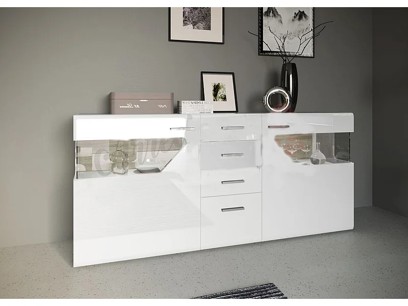 madia moderna con vetro e luci led e quattro cassetti MI8 180x80 bianco lucido