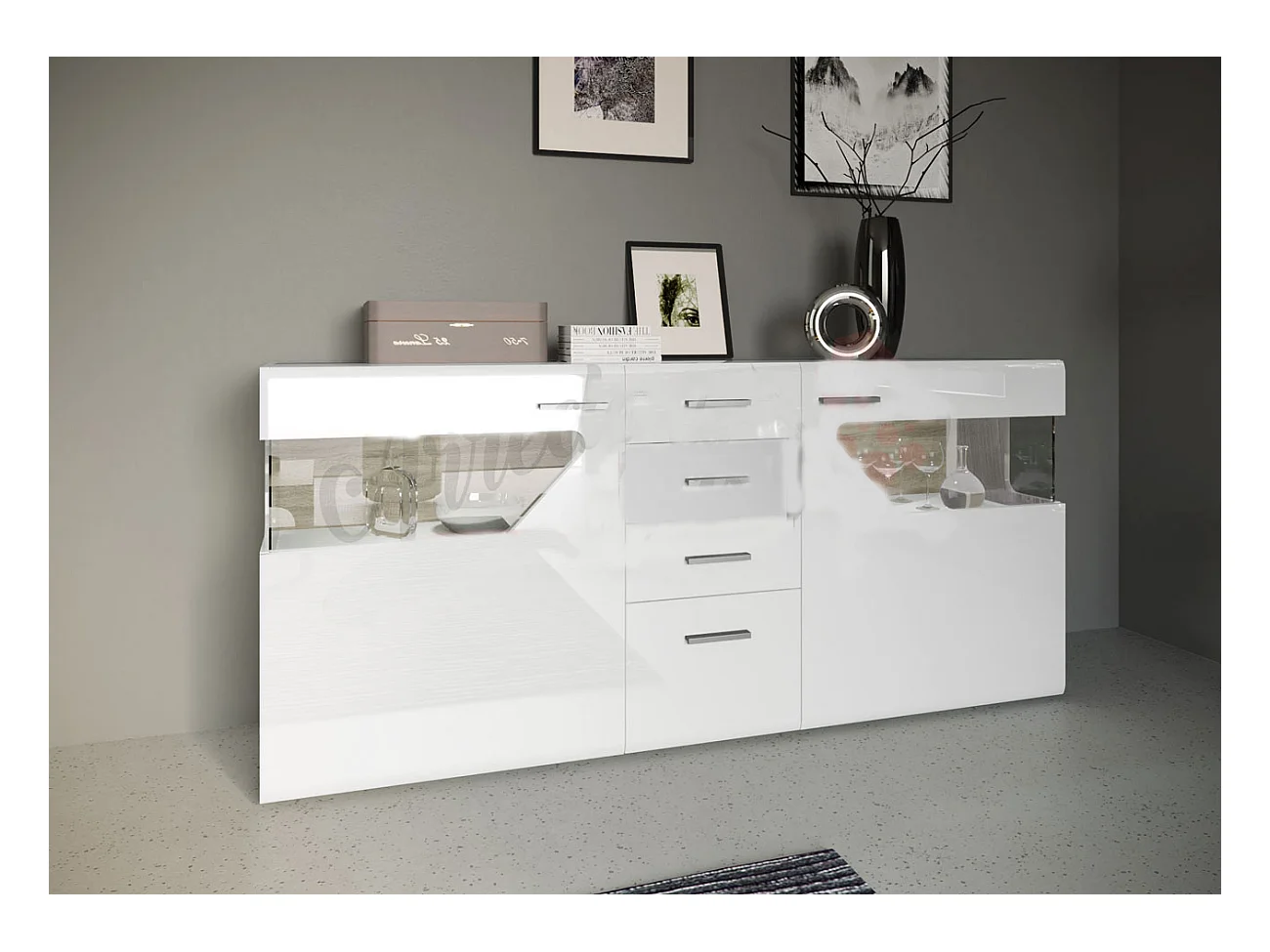 madia moderna con vetro e luci led e quattro cassetti MI8 180x80 bianco lucido