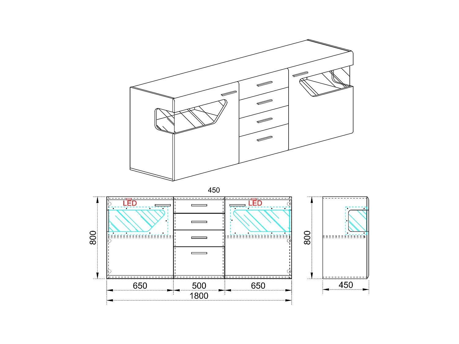 madia moderna con vetro e luci led e quattro cassetti MI8 180x80 bianco lucido