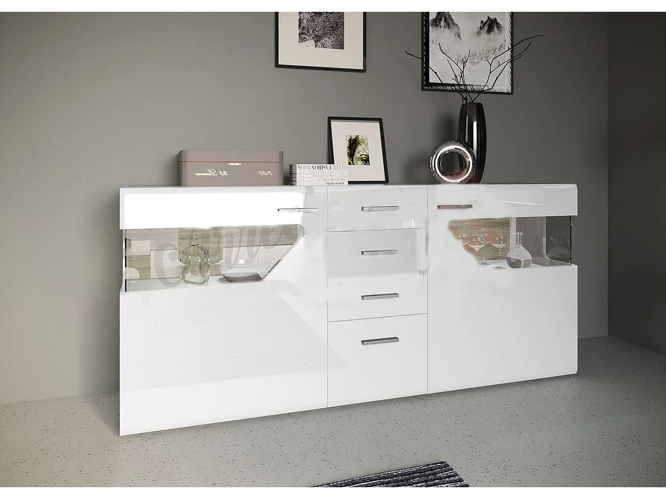 madia moderna con vetro e luci led e quattro cassetti MI8 180x80 bianco lucido