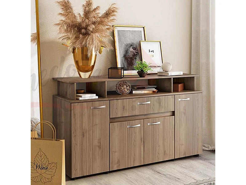Madia per soggiorno con cassetto e quattro ante effetto legno MI14 153,6x85 noce chiaro