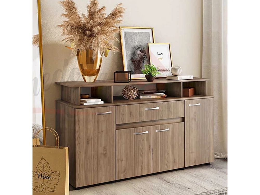 Madia per soggiorno con cassetto e quattro ante effetto legno MI14 153,6x85 noce chiaro