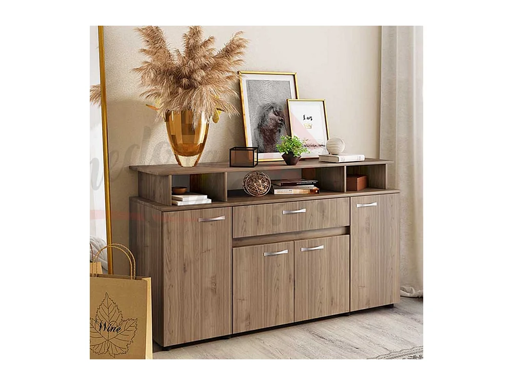 Madia per soggiorno con cassetto e quattro ante effetto legno MI14 153,6x85 noce chiaro