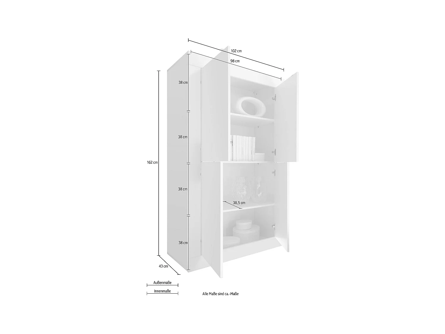 Credenza da zona giorno a quattro ante battenti design moderno 102x162 MCL2 bianco e pero