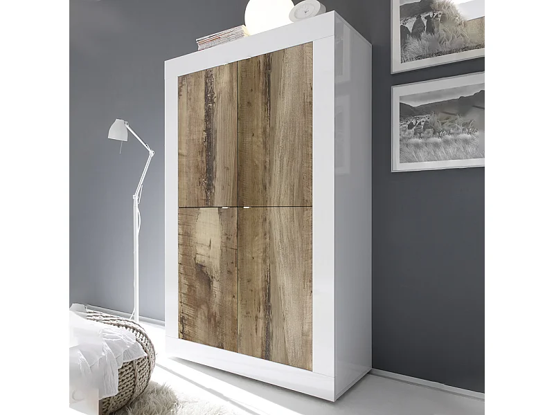 Credenza da zona giorno a quattro ante battenti design moderno 102x162 MCL2 bianco e pero