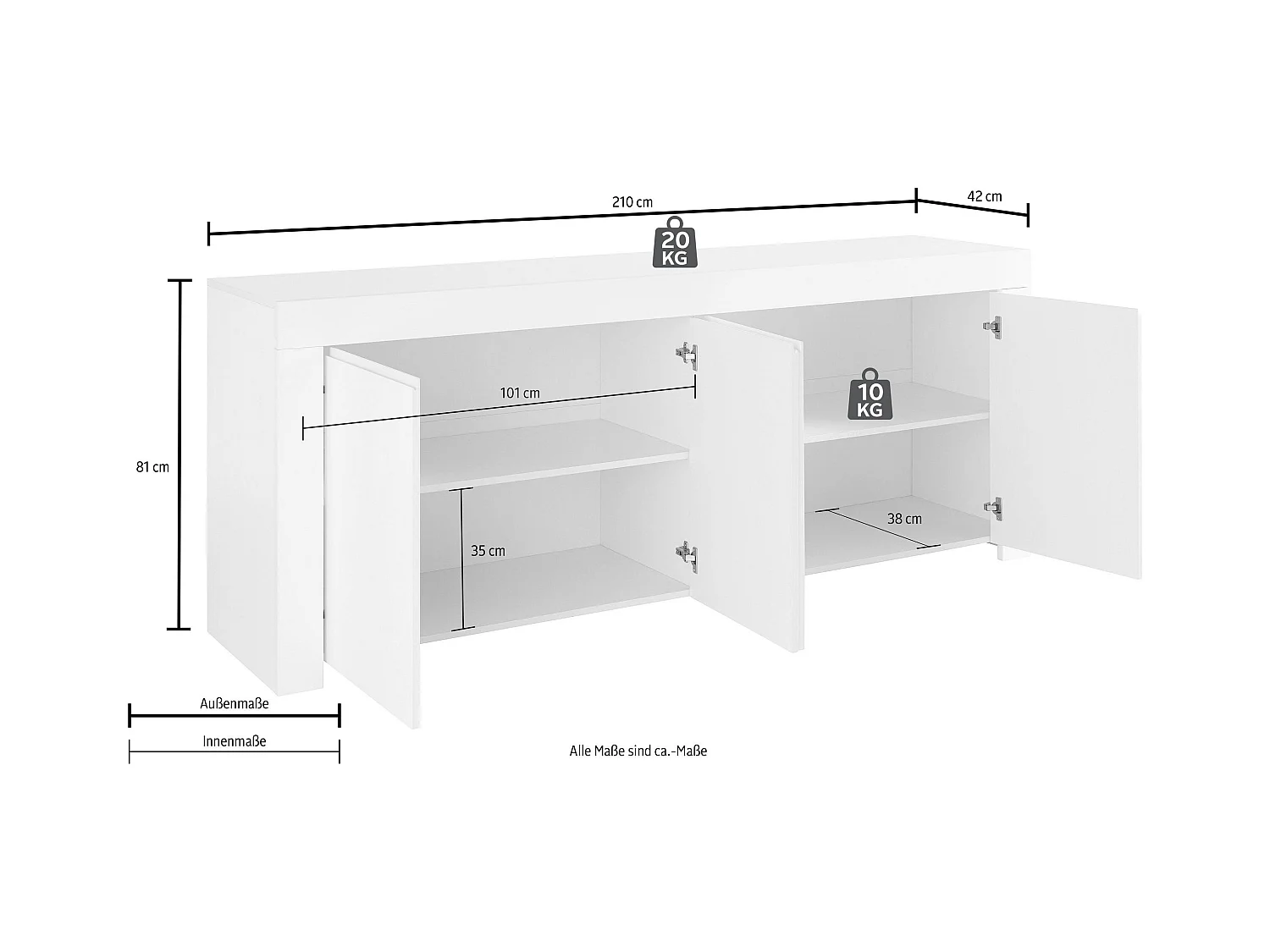 Madia design moderno con quattro ante maniglia a gola per living 210x81 ML14 rovere cadiz
