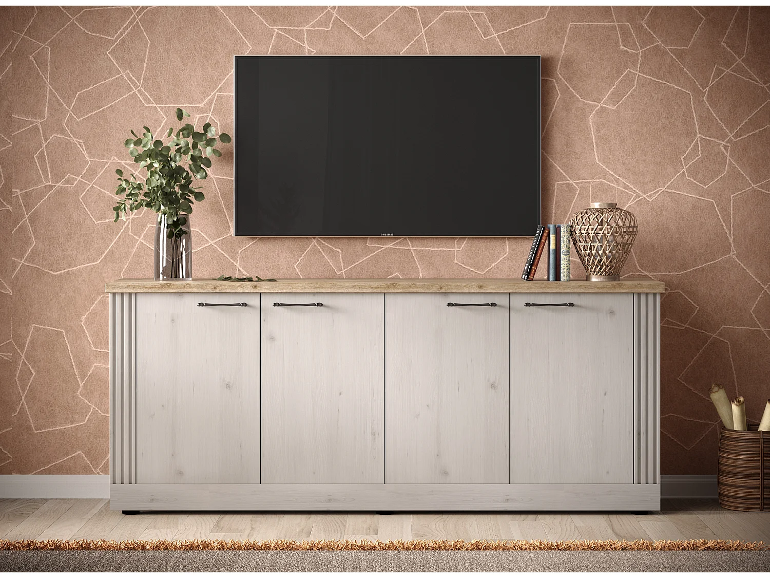 Madia da soggiorno 4 ante 211x88 cm bianco effetto legno e rovere ML59