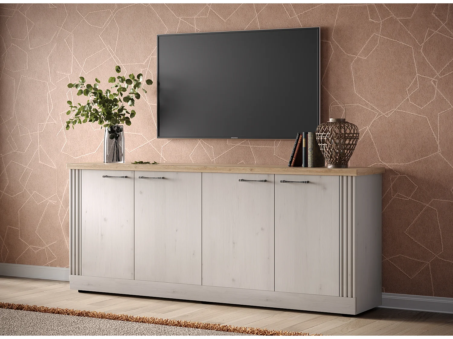 Madia da soggiorno 4 ante 211x88 cm bianco effetto legno e rovere ML59