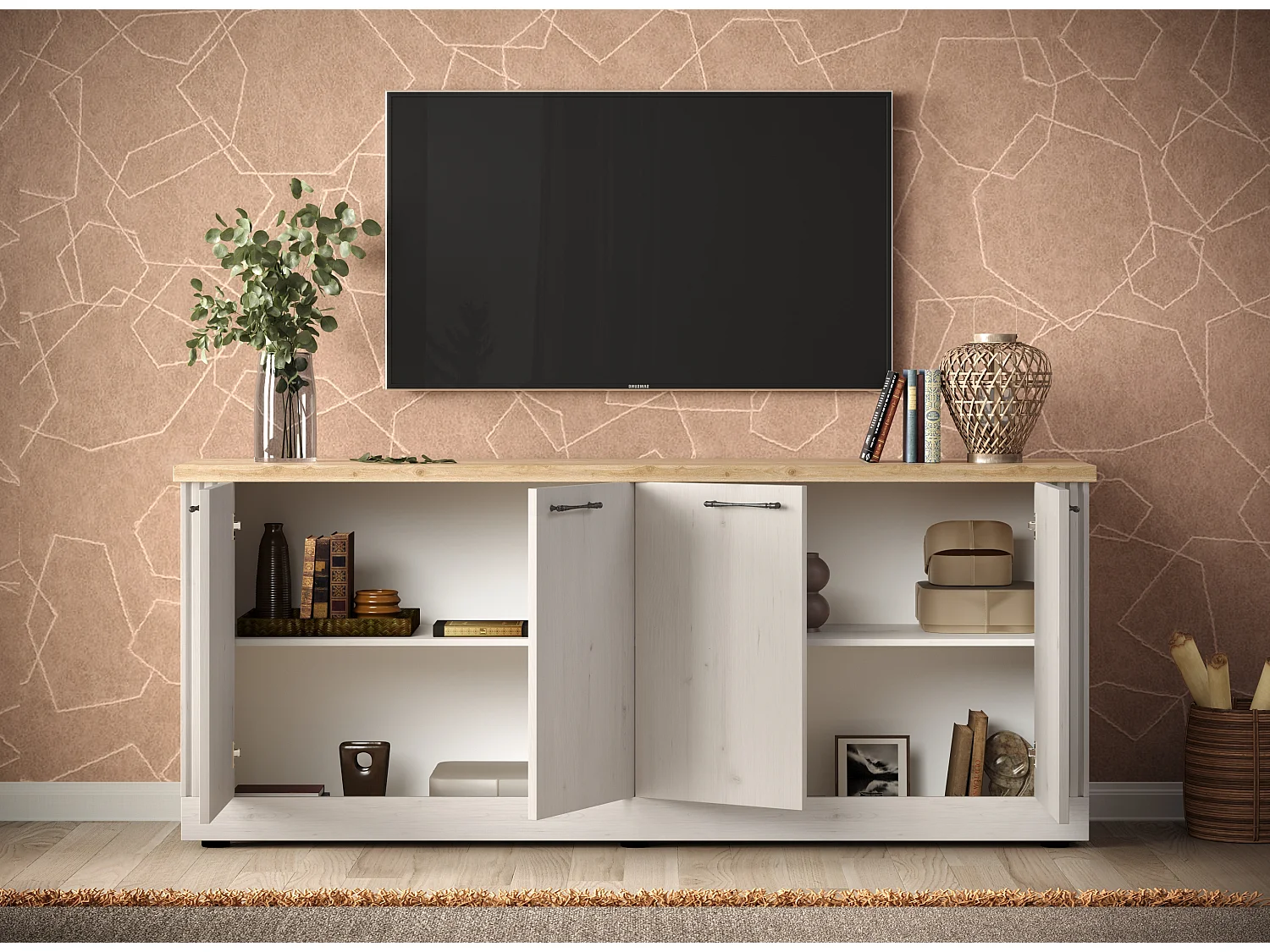 Madia da soggiorno 4 ante 211x88 cm bianco effetto legno e rovere ML59