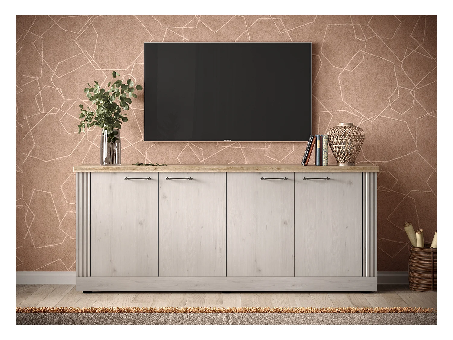 Madia da soggiorno 4 ante 211x88 cm bianco effetto legno e rovere ML59