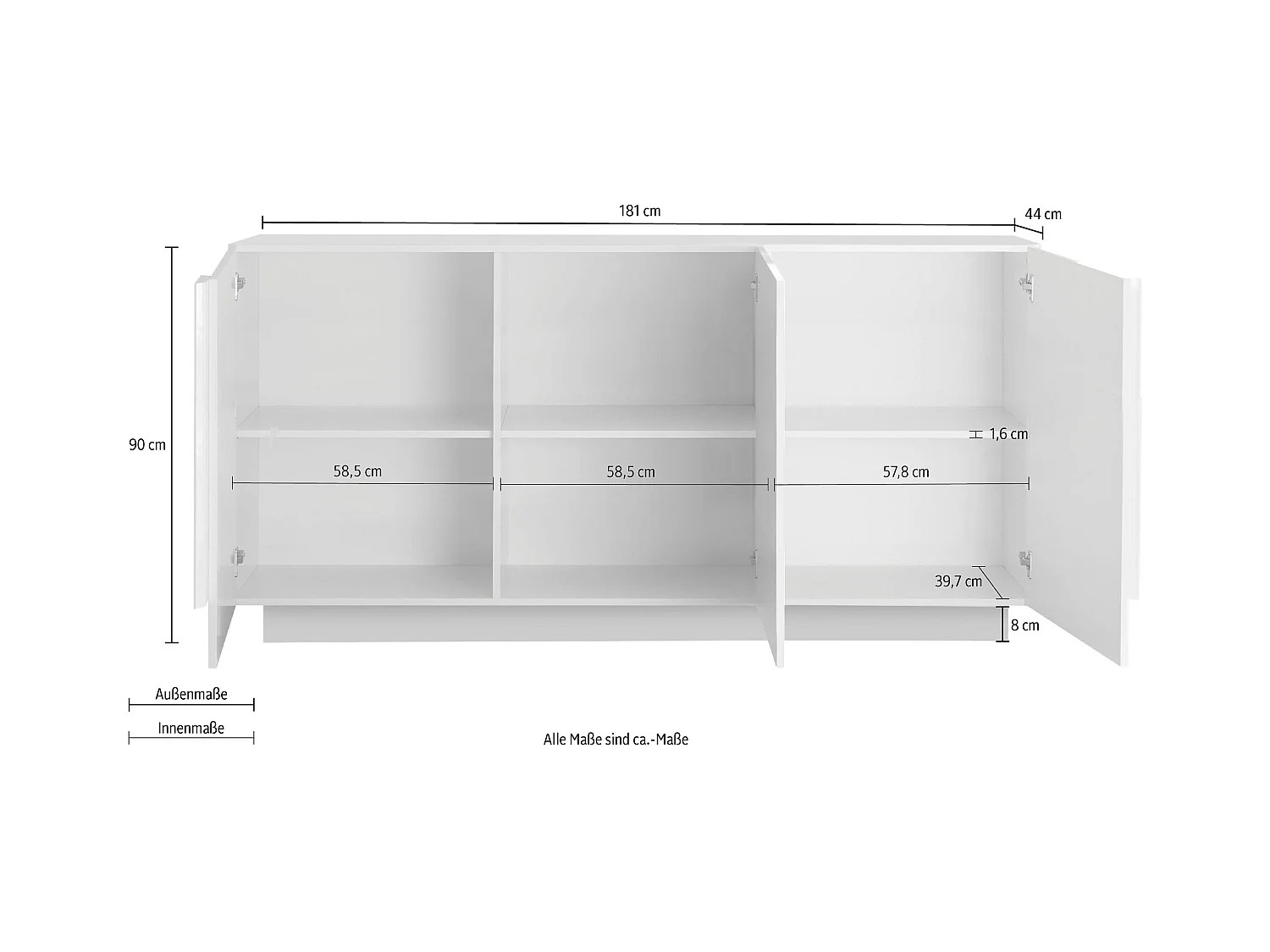 Madia moderna da living con tre ante battenti e maniglia rettangolare 181x90 ML27 bianco lucido