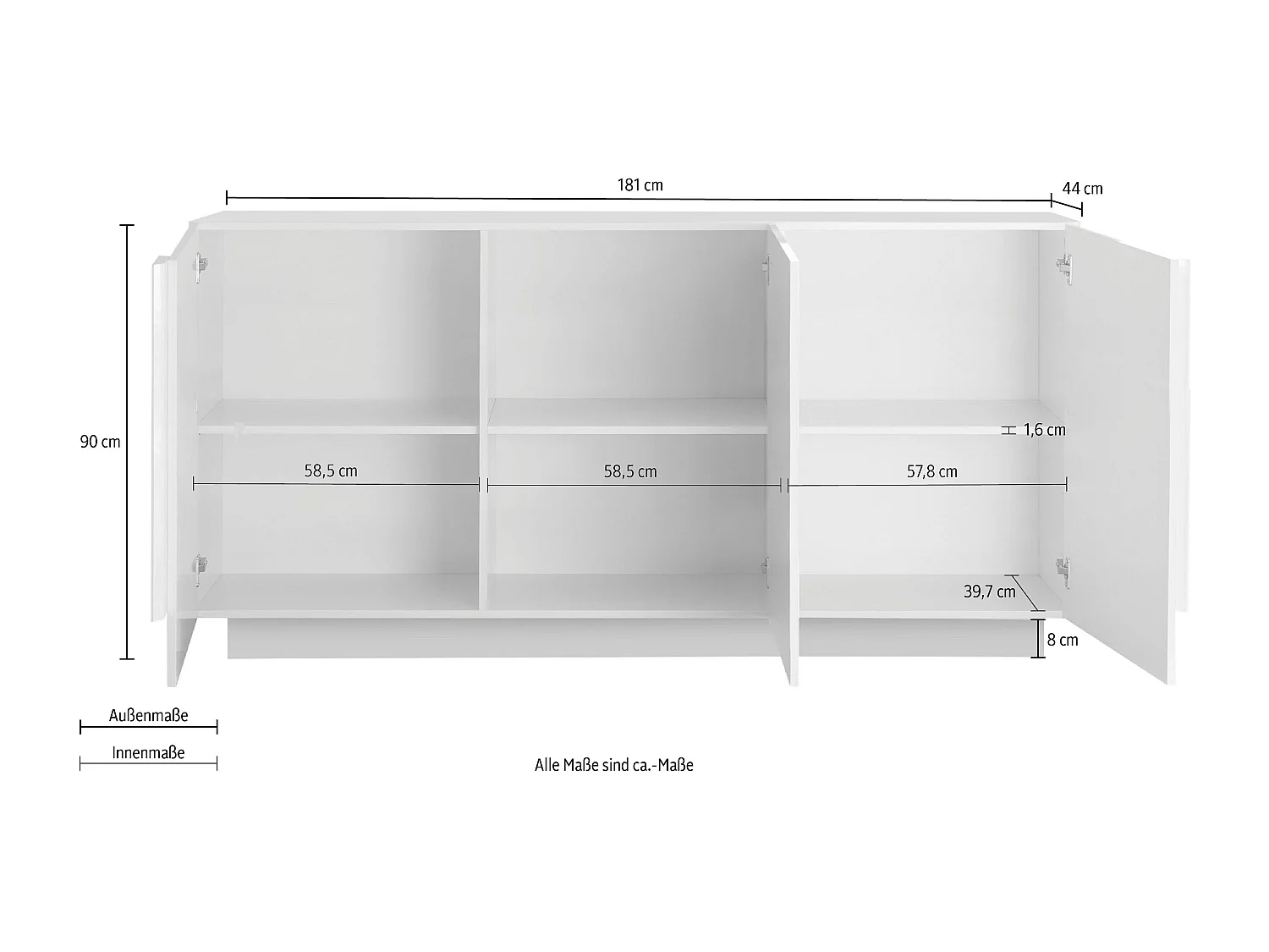 Madia moderna da living con tre ante battenti e maniglia rettangolare 181x90 ML27 bianco lucido