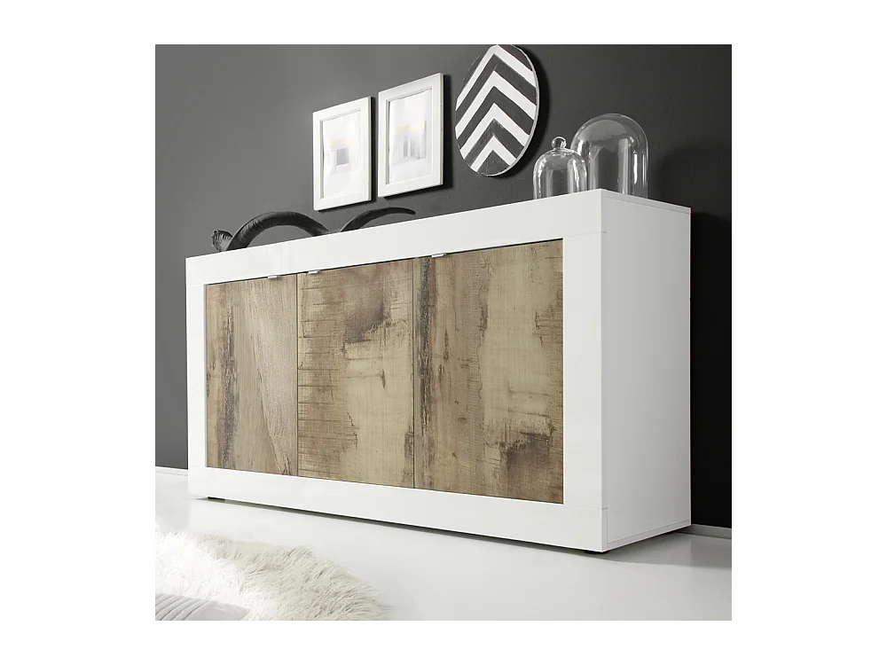 Madia moderna da soggiorno con tre ante battenti design effetto legno 160x86 ML7 bianco e pero