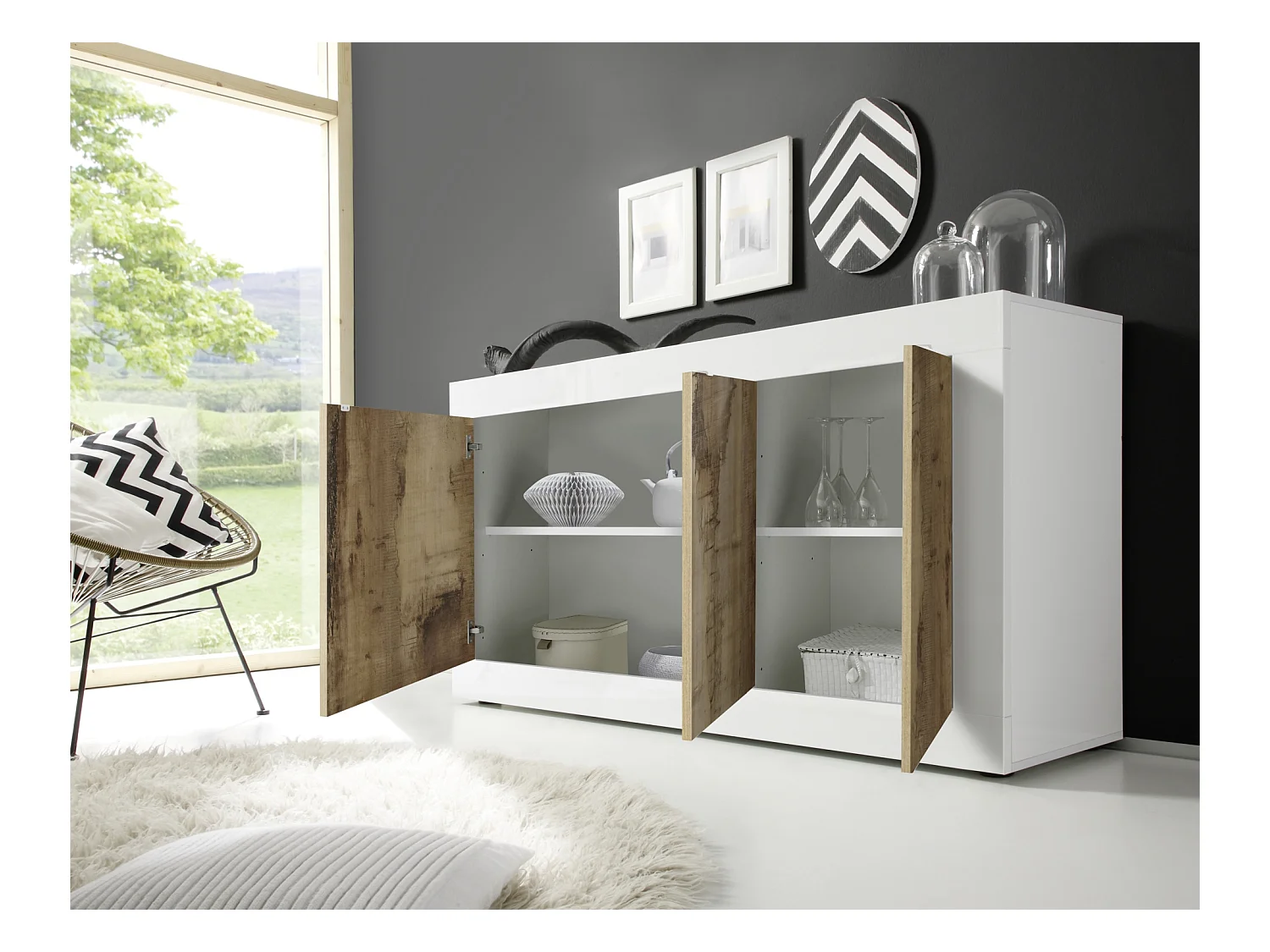 Madia moderna da soggiorno con tre ante battenti design effetto legno 160x86 ML7 bianco e pero