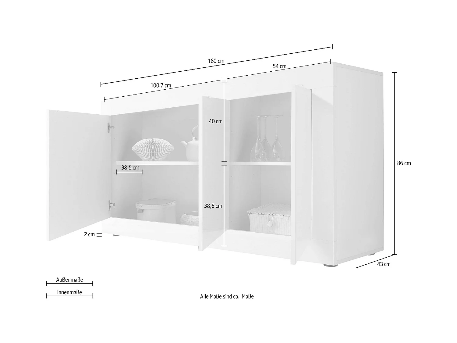 Madia moderna da soggiorno con tre ante battenti design effetto legno 160x86 ML7 bianco e pero