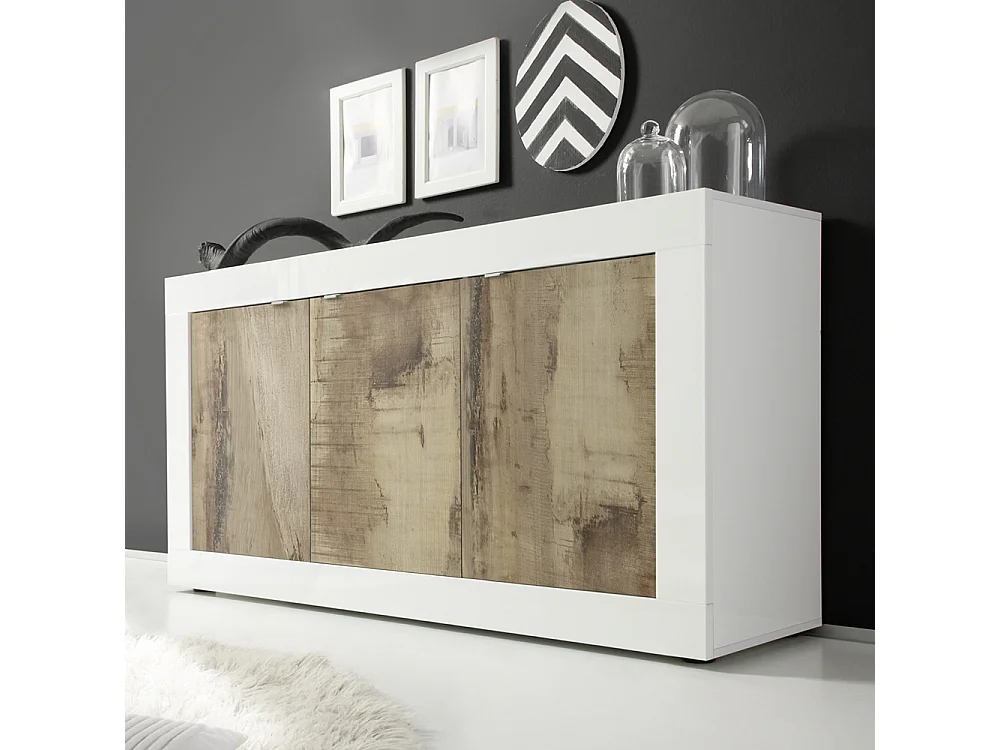 Madia moderna da soggiorno con tre ante battenti design effetto legno 160x86 ML7 bianco e pero