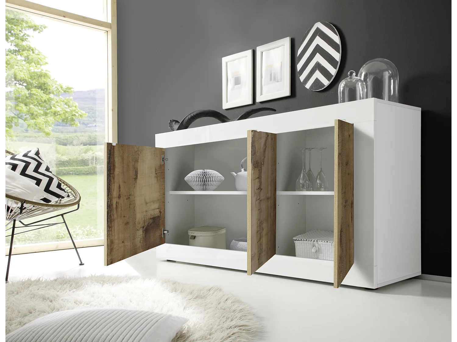 Madia moderna da soggiorno con tre ante battenti design effetto legno 160x86 ML7 bianco e pero