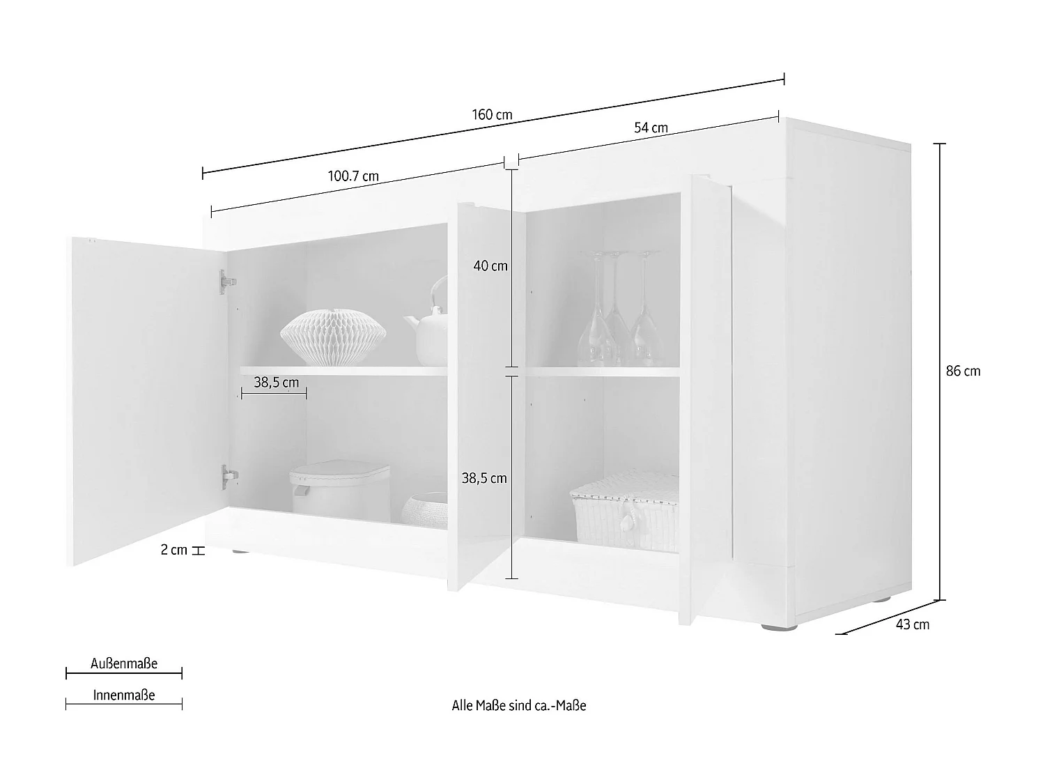 Madia moderna da soggiorno con tre ante battenti design effetto legno 160x86 ML7 bianco e pero