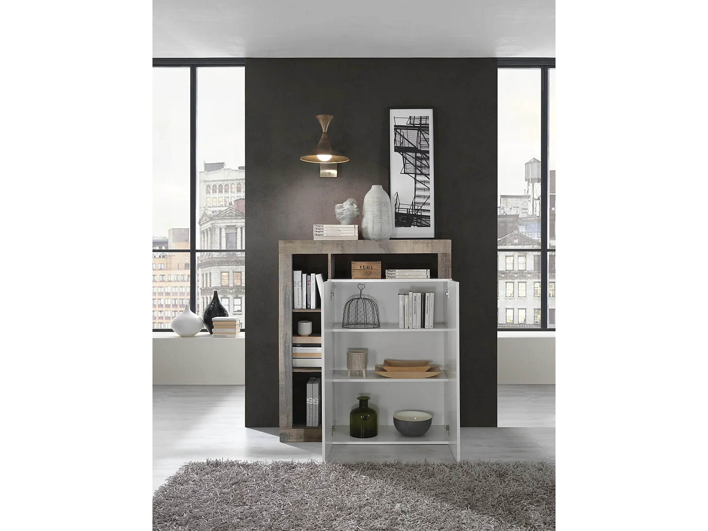 Madia piccola e alta da soggiorno con due ante e ripiano design moderno 108x127 ML21 bianco e pero