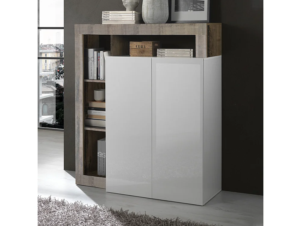 Madia piccola e alta da soggiorno con due ante e ripiano design moderno 108x127 ML21 bianco e pero