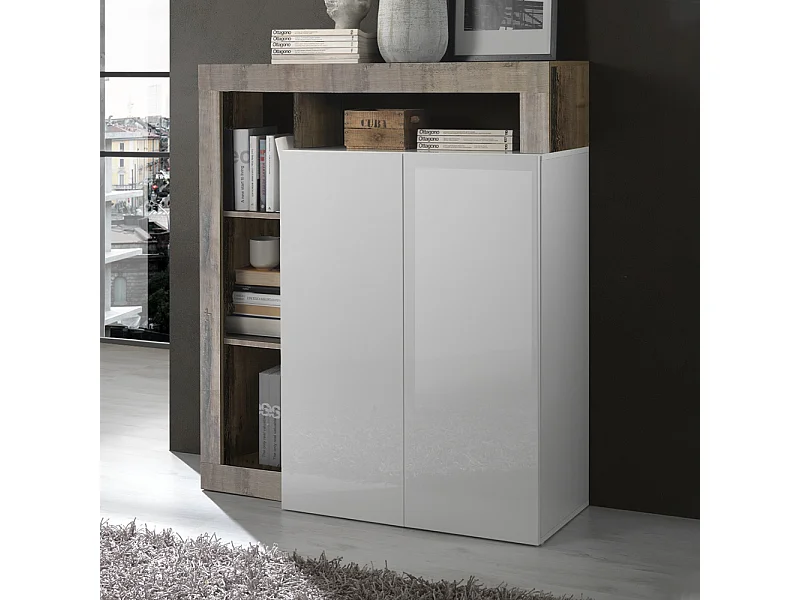 Madia piccola e alta da soggiorno con due ante e ripiano design moderno 108x127 ML21 bianco e pero