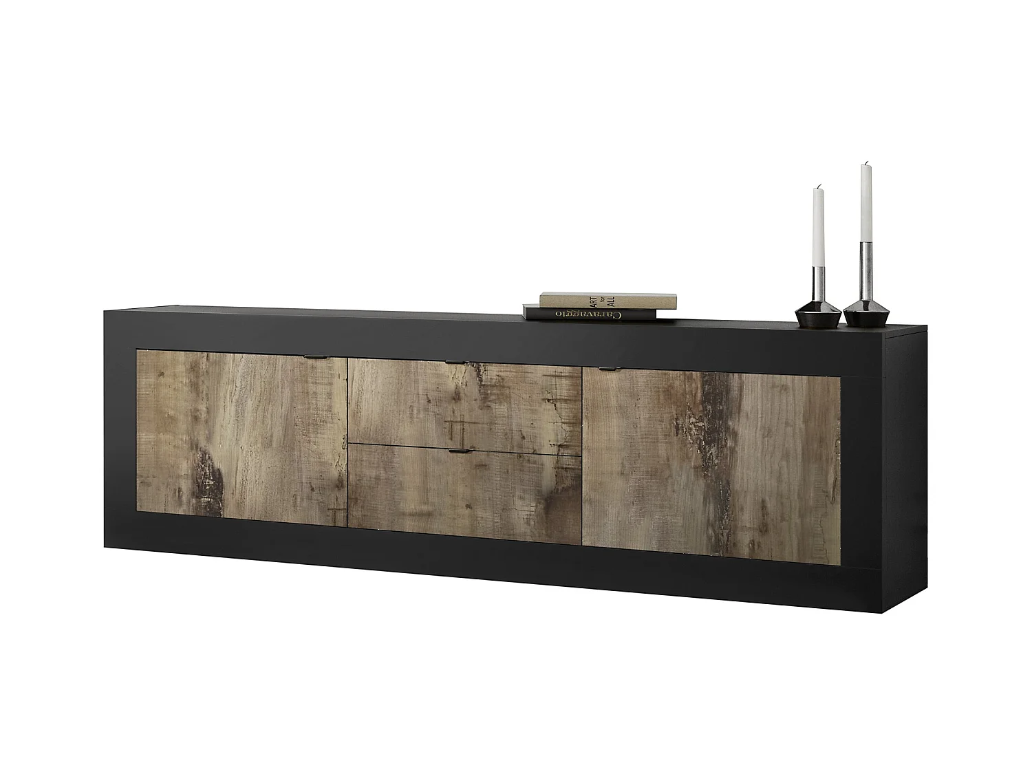 Madia da soggiorno con due ante e due cassetti design effetto legno 210x66 ML6 nero e pero