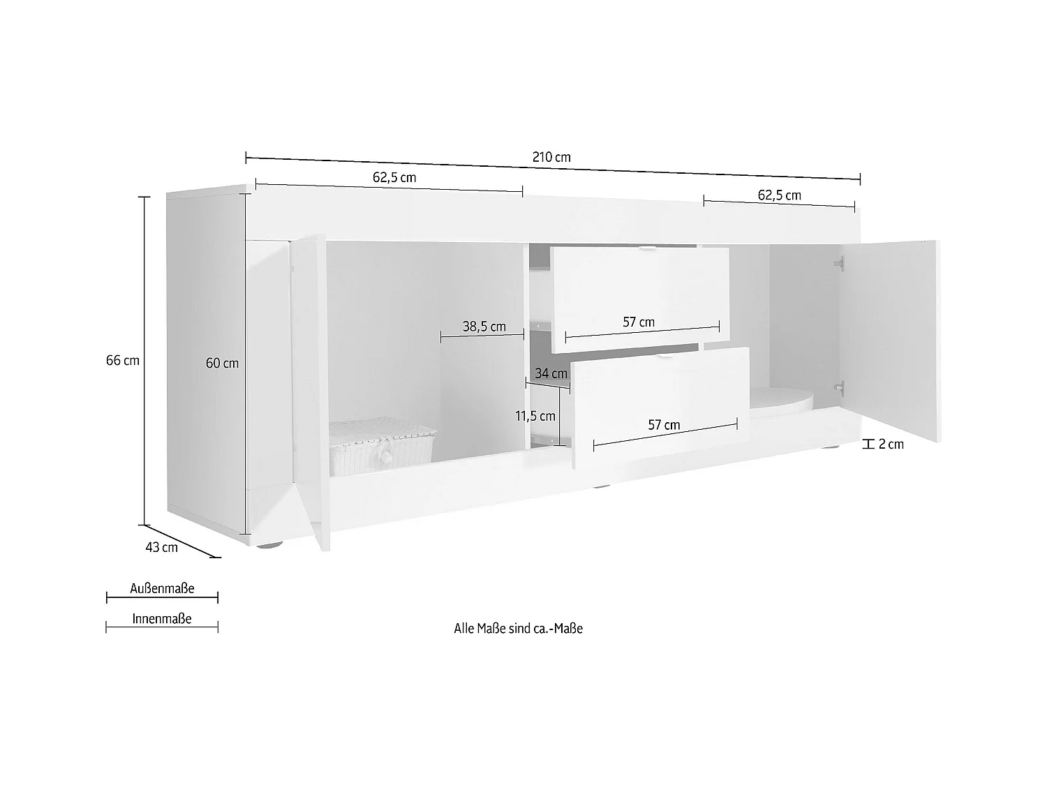 Madia da soggiorno con due ante e due cassetti design effetto legno 210x66 ML6 nero e pero