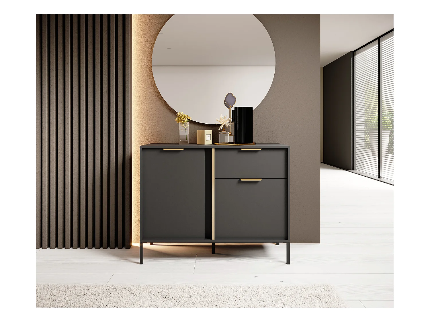 Madia moderna 103x81cm con 2 ante e 1 cassetto antracite con dettagli oro MALK14