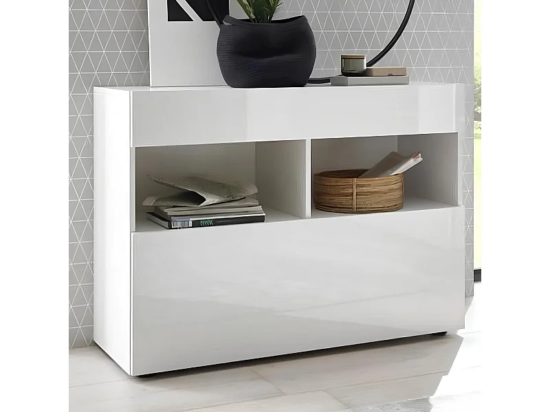 Madia design moderno con un cassetto e un’anta a ribalta da soggiorno 110x82 ML43 bianco lucido