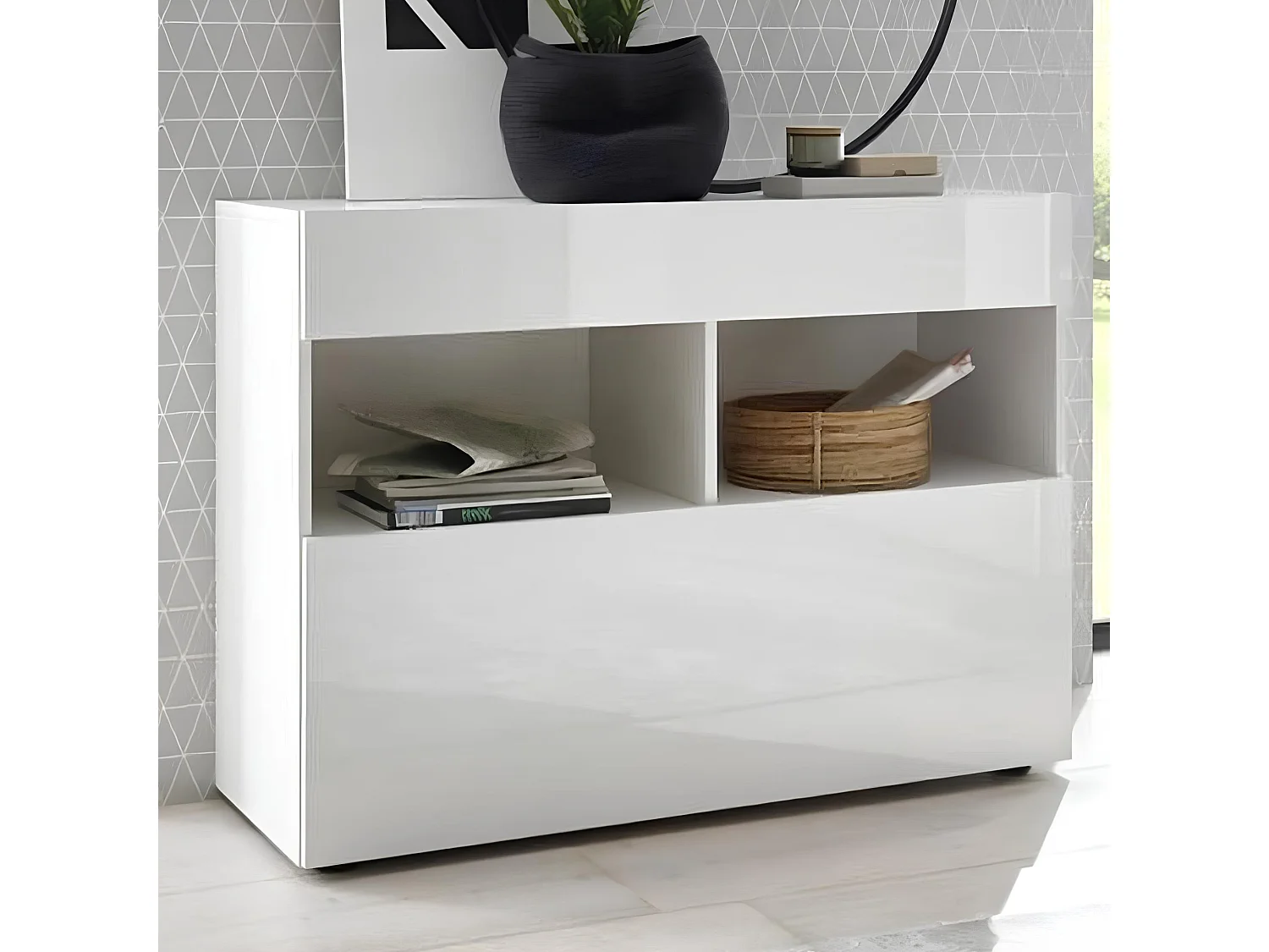 Madia design moderno con un cassetto e un’anta a ribalta da soggiorno 110x82 ML43 bianco lucido
